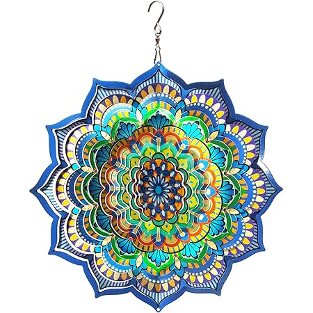 LJlifArt Wind Spinner Mandala Blossom 12 inch 3D Stainless Steel Worth Gift Laser Cut Hanging Wind Spinners Metal Kinetic Yard Art Decorations Indoor/Outdoor Décor