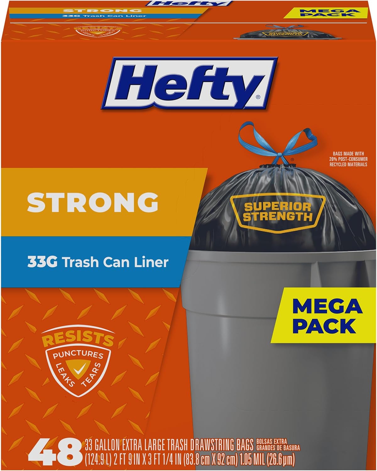 Hefty Strong Large Trash Bags, 33 Gallon, 48 Count