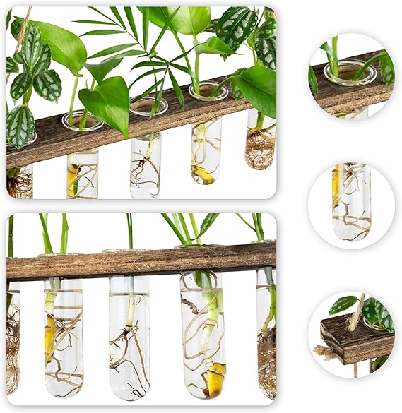 Monsiter QE 3 Tier Large Propagation Stations Wall Hanging Plant Terrarium with Wooden Stand, Retro Test Tube for Hydroponic Plants Cutting Flower, Propagator Home Office Patio Decor-Brown - Image 3