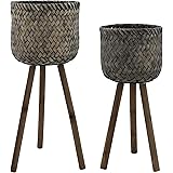 Sagebrook Home Set of 2 Bamboo Wood Planters on Stands, Indoor Outdoor, Brown/Black, 12 L x 12 W x 23 H Inches