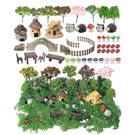 Canlierr 58 Pieces Miniature Garedn Set, Fairy House Diorama Accessories Mini Materials Animal Figurines Micro Landscape Ornaments Mixed Model Trees for Garden Succulent Dollhouse DIY Craft