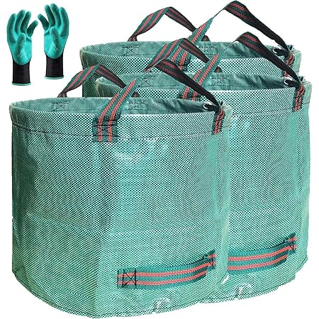 Professional 3-Pack 137 Gallon Lawn Garden Bags (D34, H34 inches) Big Yard Waste Bags with Garden Gloves, Extra Large Reusable Leaf Bags,Garden Clippings Bags,Leaf Container,Yard Trash Bags 4 Handles
