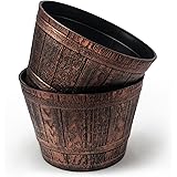 Plant Pots Set of 2 Pack 10 inch, Whiskey Barrel Planters with Drainage Holes. Plastic Decoration Flower Pots Imitation Wine