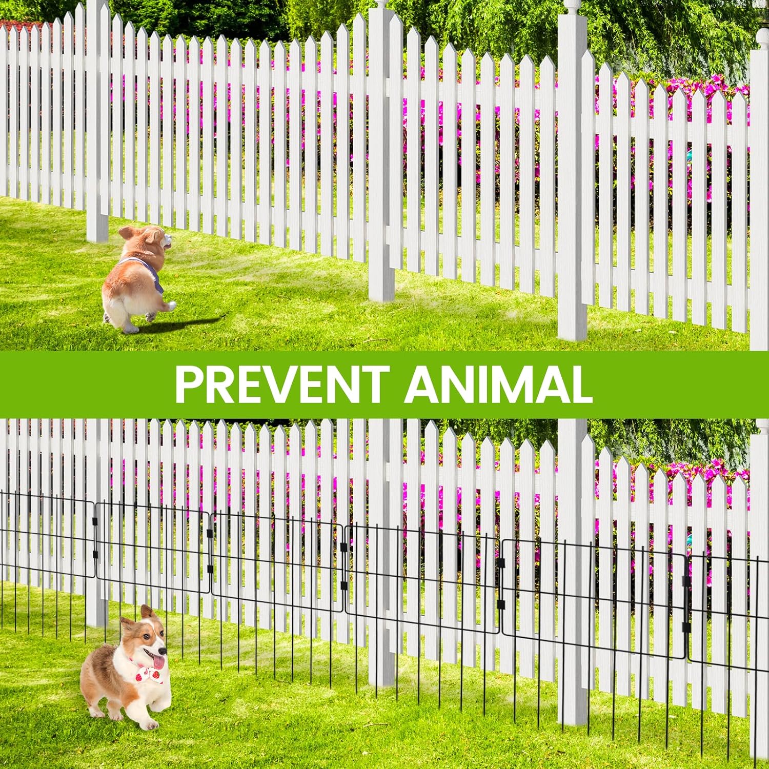 WEEDING Paquete de 25 cercas decorativas para jardín, 17 pulgadas de alto x 27 pies de largo, barrera de alambre de metal inoxidable para animales, reutilizable, sin excavar, para perros, conejos, estacas de tierra para patio al aire libre, color negro - Image 6