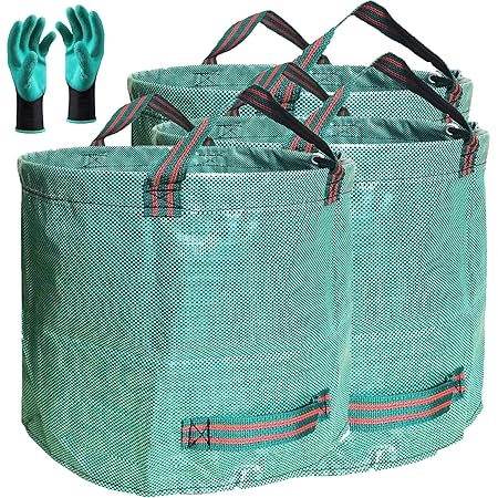 Professional 3-Pack 80 Gallons Lawn Garden Bag Leaf Waste Bags (D26, H33 inches) with Coated Gardening Gloves,Reuseable Heavy Duty Patio Bags,Grass Pool Bags,Home Yard Trash Bags with 4 Handles
