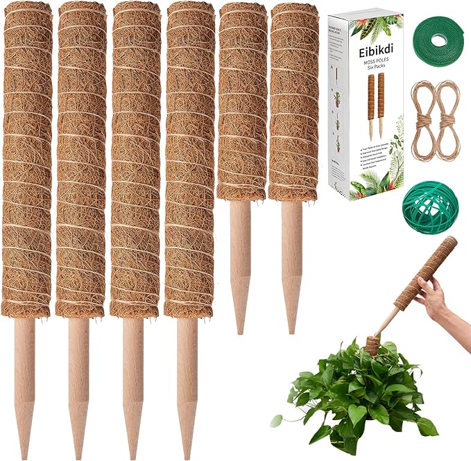Eibikdi 6 Pcs Moss Pole Extending to 68 Inches for Plants Monstera, Plant Support Stakes for Indoor Climbing Plants Grow Upwards, with 65ft Twist Ties, 13ft Jute Rope, 6.5ft Hook-and-Loop Strip