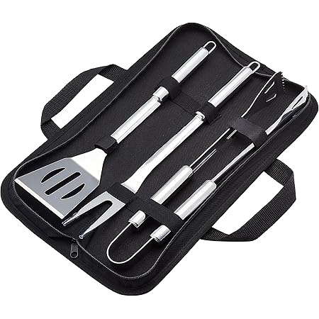 Amazon Basics 4-Piece Stainless Steel Barbeque Grilling Tool Set with Carry Bag