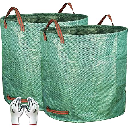 Gardzen 2-Pack 132 Gallons Gardening Bag with Double Bottom Layer - Extra Large Reuseable Heavy Duty Gardening Bags, Lawn Pool Garden Leaf Waste Bag, Comes with Gloves