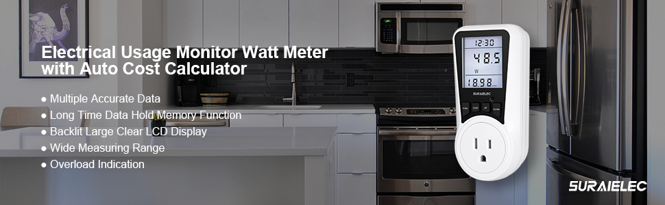 Suraielec Electrical Power Consumption Meter Socket Plug in Watt Hour Meter Electric Usage Monitor