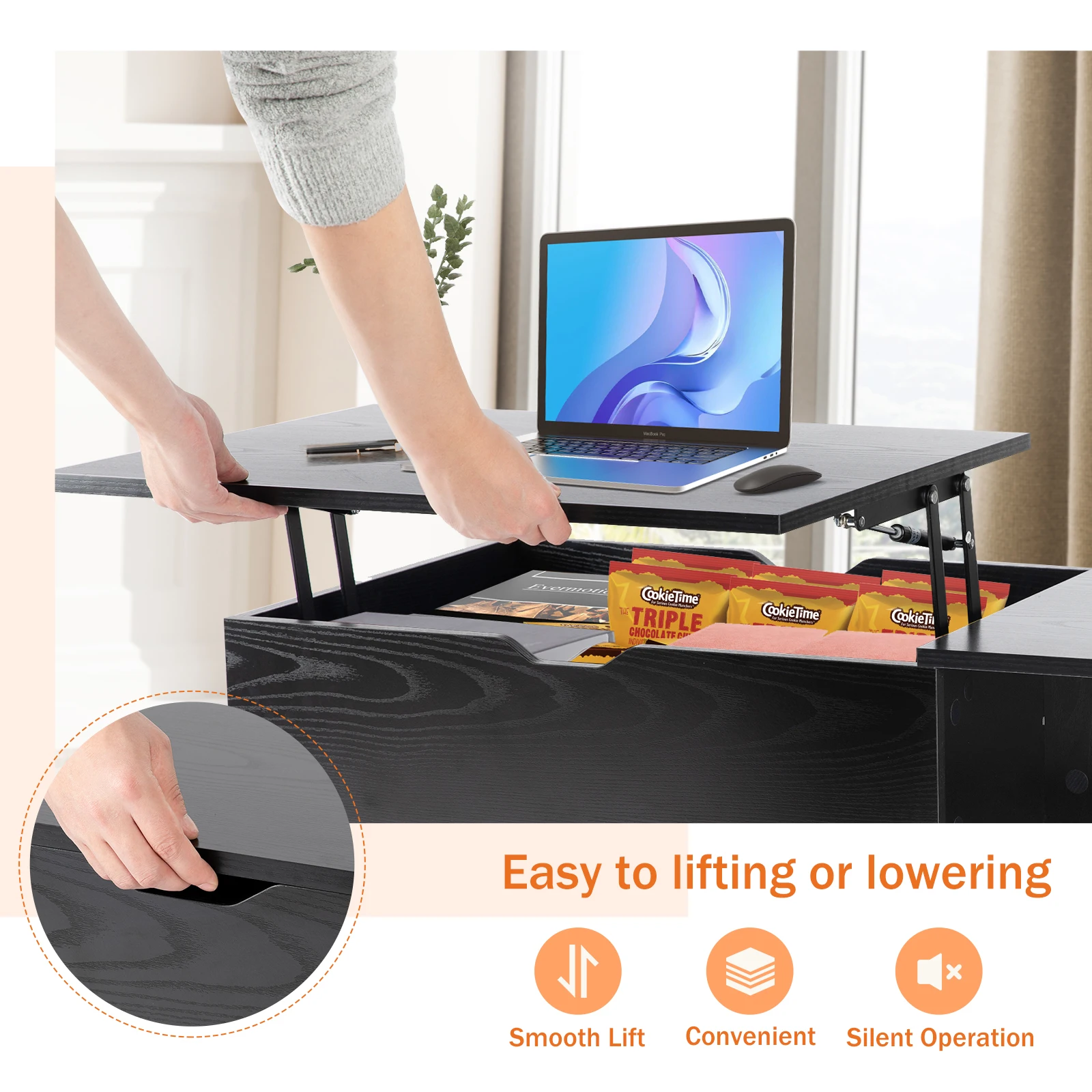 JHK Lift Top Coffee Tables 39.37"x19.7" Wood Dining Tables For Living Room With Adjustable Storage Shelf Easy To Lift Or Lower - Image 4